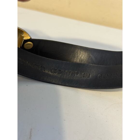 Chico’s Belt Black Leather Silver Hammered Metal Western Boho Aztec Buckle Small - Picture 4 of 9